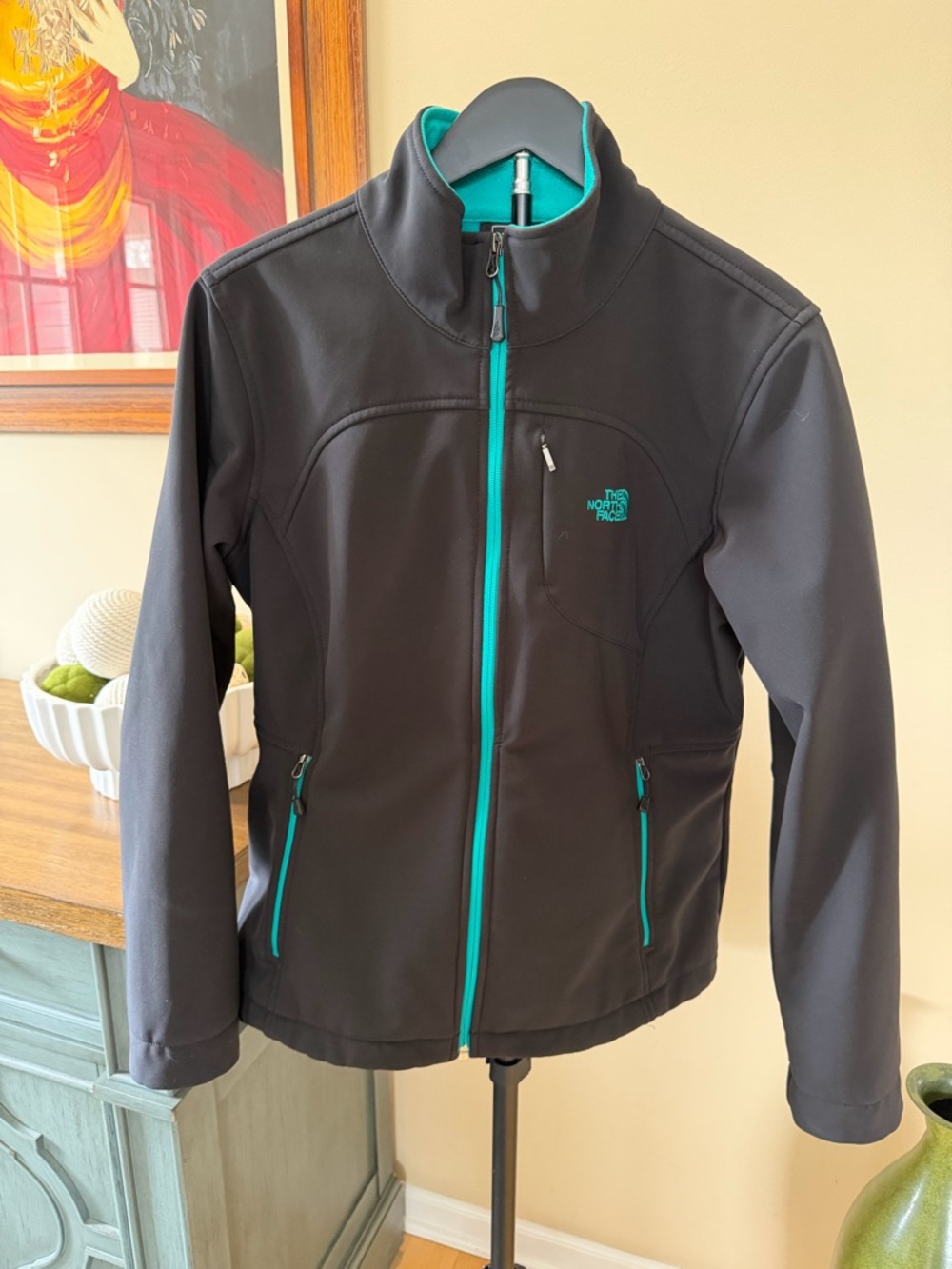 The North Face Softshell Jacket Womens Large Black Teal Full Zip